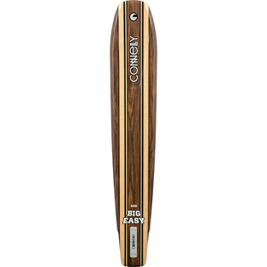 Top view of the Connelly Big Easy ski, showcasing its sleek woodgrain design with black and yellow stripe accents.