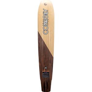 Base view of the Connelly Big Easy ski, highlighting a natural woodgrain finish with a bold diagonal color contrast.