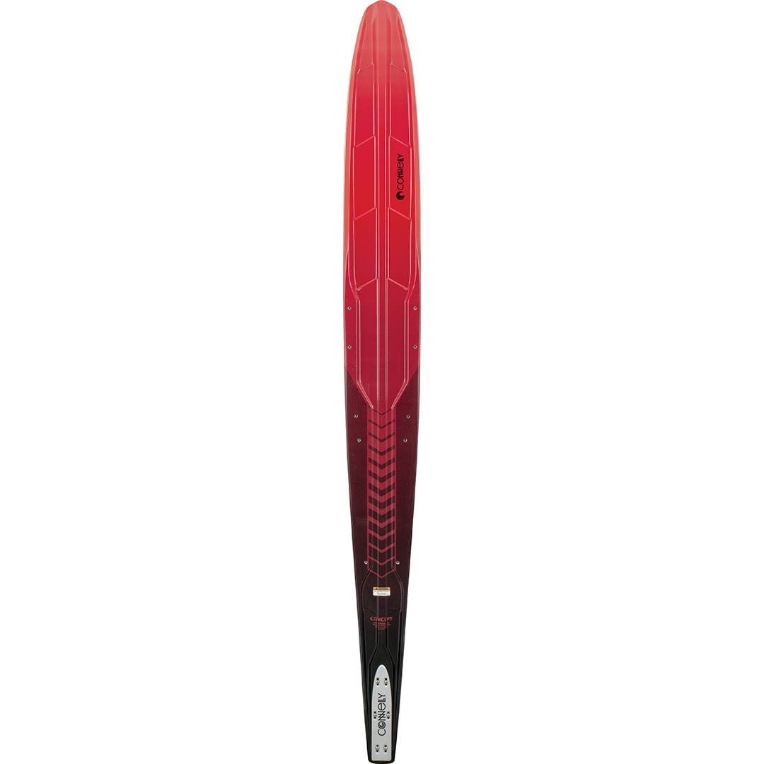Top view of the 2024 Men's Concept ski, showcasing its black and red design with a bold logo.