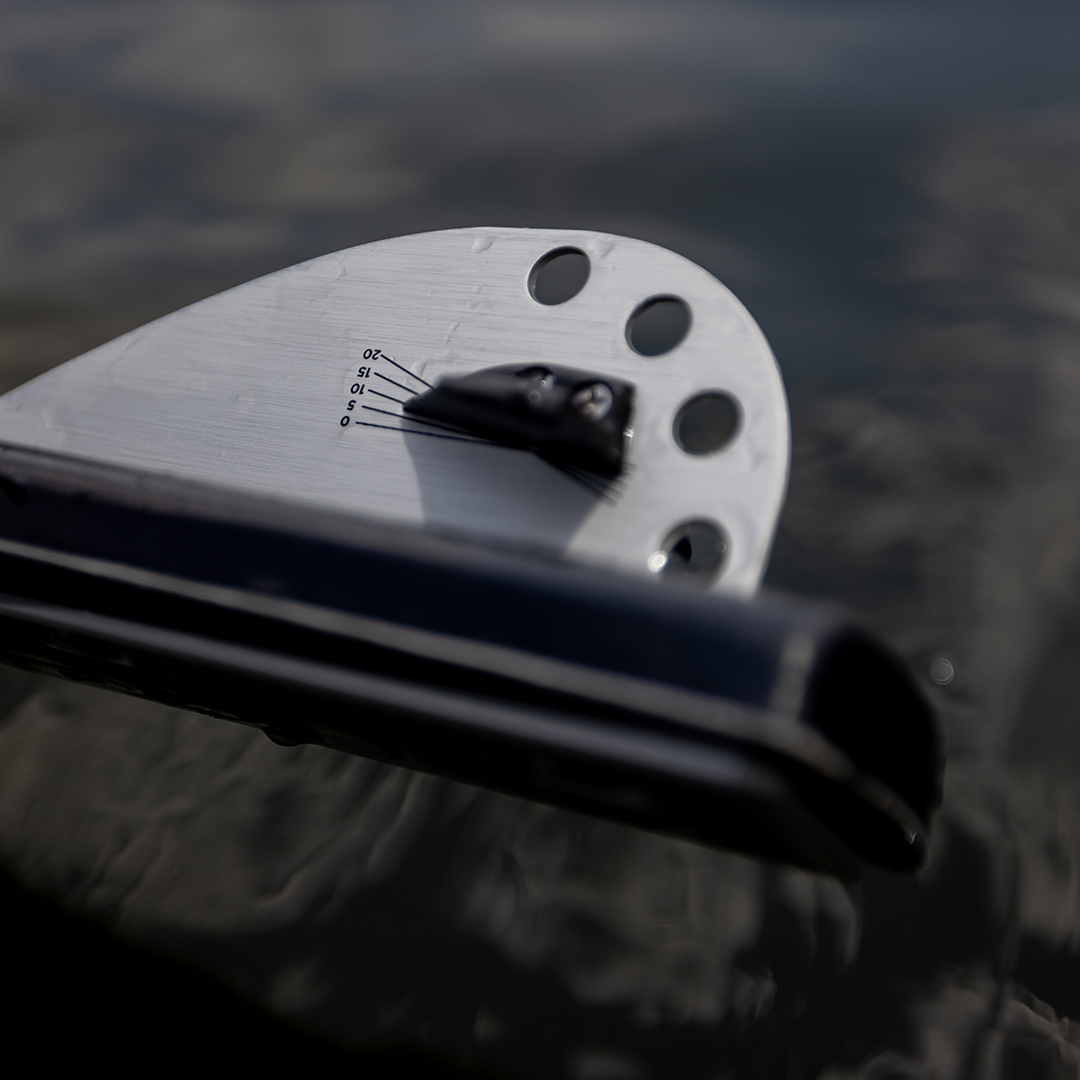 Detailed close-up of the 2024 Men's Concept ski fin adjustment system with measurement markings.