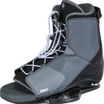 Left angle view of the Draft wakeboard binding in black and gray, featuring open-toe design, lace system, and baseplate.