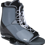 Right-angle view of the Draft Wakeboard Binding, featuring a gray and black design with white laces for customizable support.