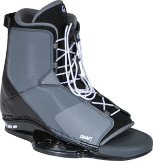 Right-angle view of the Draft Wakeboard Binding, featuring a gray and black design with white laces for customizable support.