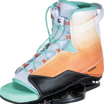 Angled front-left view of Karma binding showcasing mint laces, breathable white mesh, and reinforced heel support.