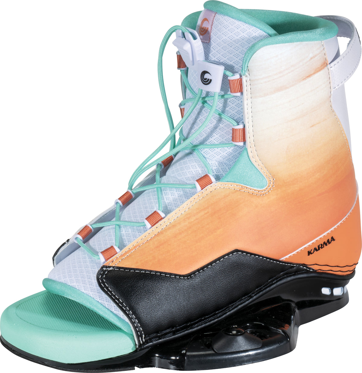 Angled front-left view of Karma binding showcasing mint laces, breathable white mesh, and reinforced heel support.