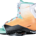Left side view of Karma binding featuring a sunset gradient, white heel panel, mint accents, and black baseplate.