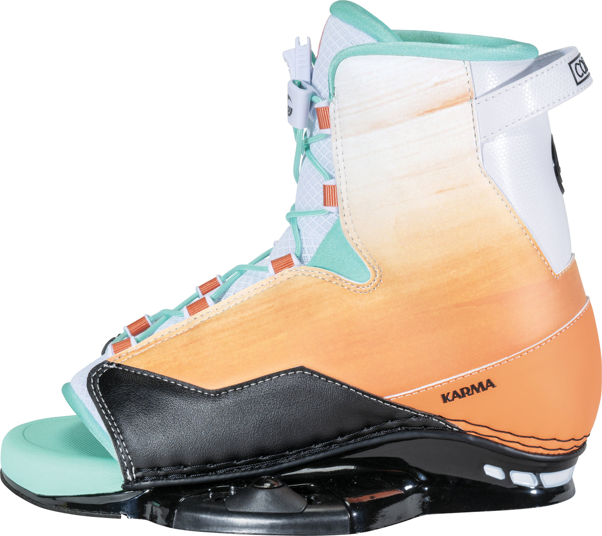 Left side view of Karma binding featuring a sunset gradient, white heel panel, mint accents, and black baseplate.