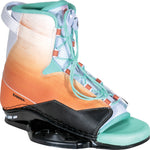 Angled front-right view of Karma binding with mint open-toe design, dual-zone laces, and cushioned black footbed.