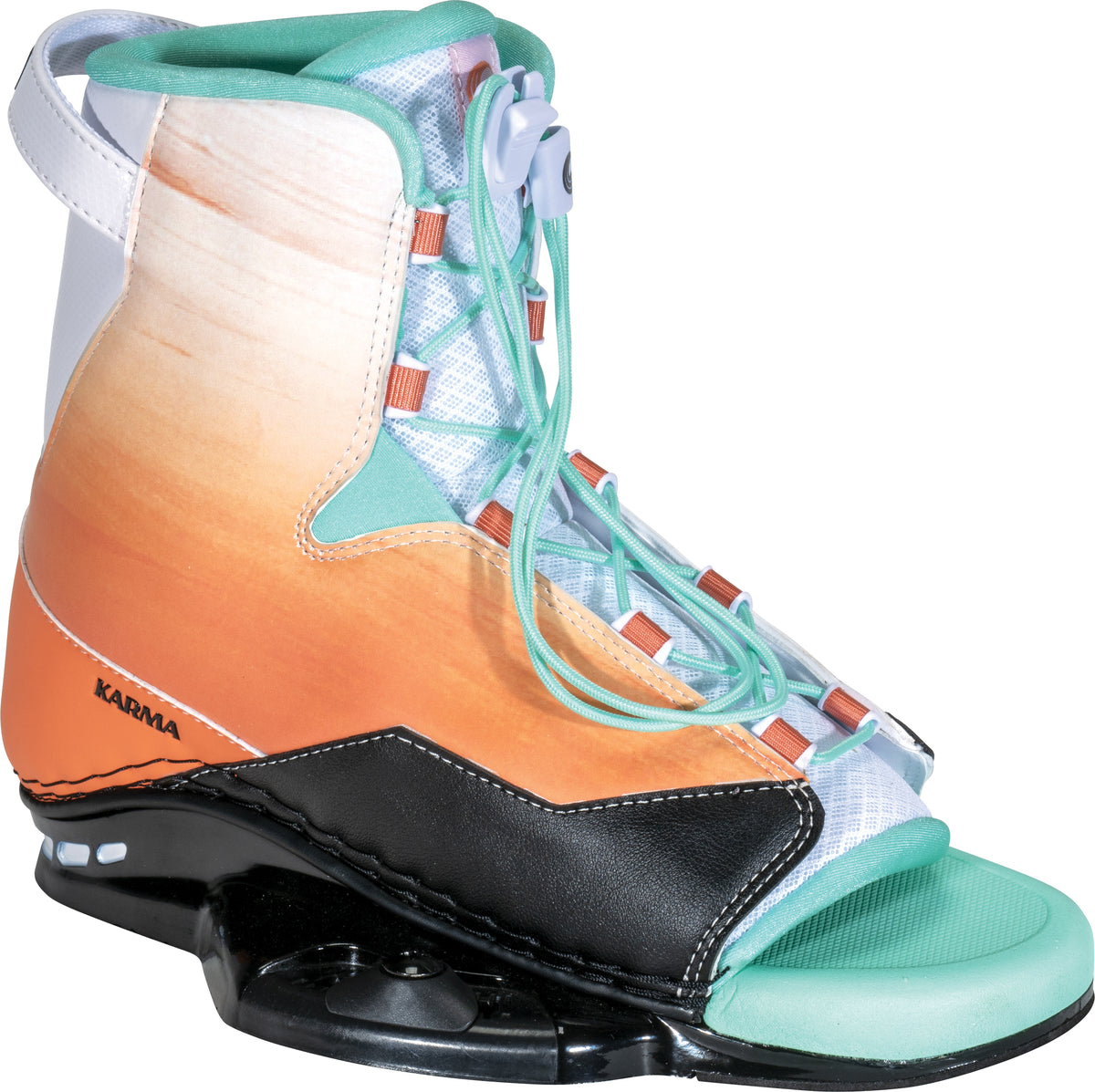 Angled front-right view of Karma binding with mint open-toe design, dual-zone laces, and cushioned black footbed.