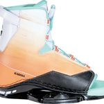 Right side view of Karma wakeboard binding with orange-white gradient, mint laces, black footbed, and white heel panel.