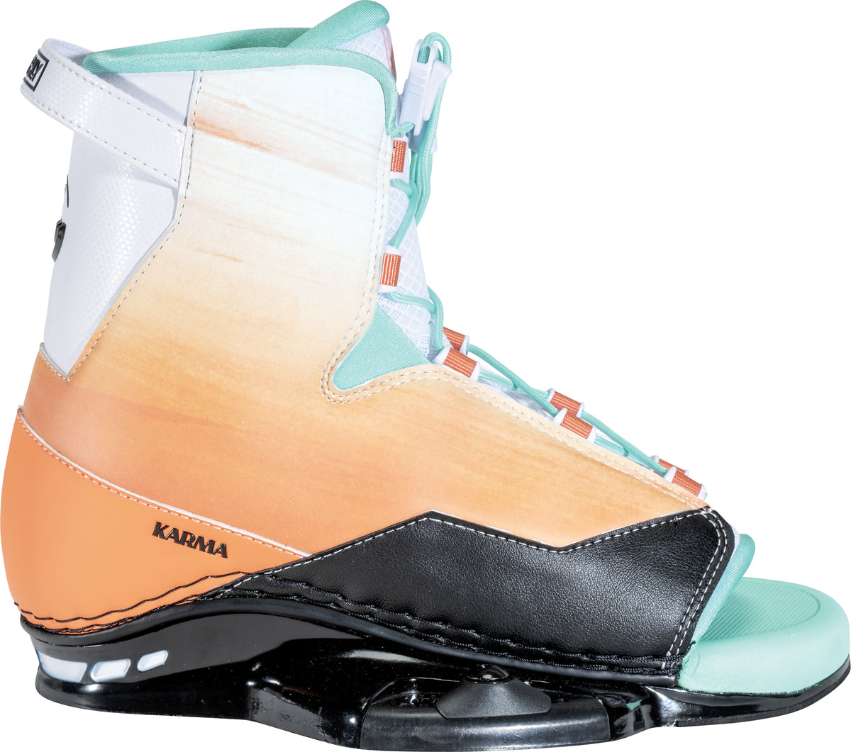 Right side view of Karma wakeboard binding with orange-white gradient, mint laces, black footbed, and white heel panel.