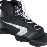 Front right angle view of the Shadow wakeboard binding in black with silver, featuring white laces and an open-toe design.