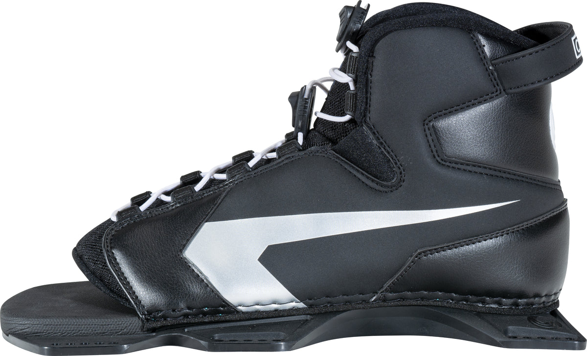 Left side of the Shadow Front Boot, emphasizing the black and silver design with a stable baseplate and secure fit.