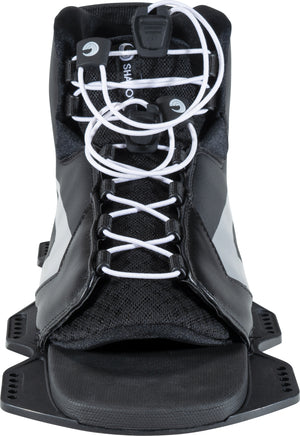 Front toe view of the Shadow Front Boot, showcasing black synthetic materials, white laces, and reinforced toe support.