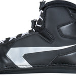 Side profile of the Shadow Rear binding in black with a sleek silver accent, white laces, and a cushioned open-toe footbed.
