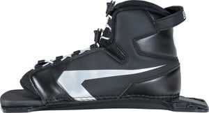 Side profile of the Shadow Rear binding in black with a sleek silver accent, white laces, and a cushioned open-toe footbed.