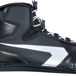 Side profile of the Shadow Rear binding in black with a bold silver arrow design, white laces, and a secure ankle strap.