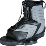 Left angle view of the Optima wakeboard binding in black and gray with an open-toe design and secure lacing system.