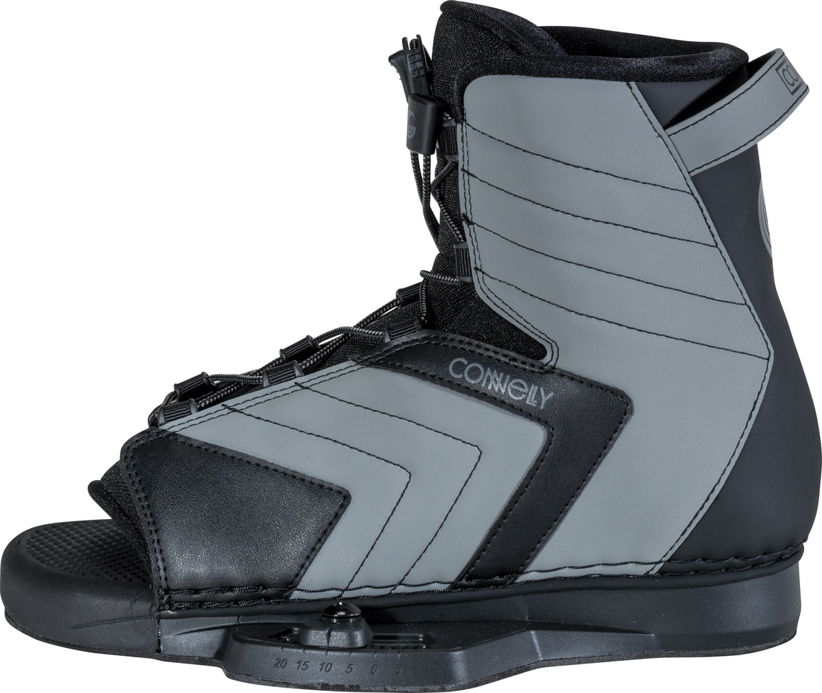 Left outside view of the Optima wakeboard binding showing its ankle support, reinforced stitching, and quick-lace system.