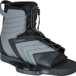 Right angle view of the Optima wakeboard binding, showcasing black and gray design with secure lacing and reinforced support.