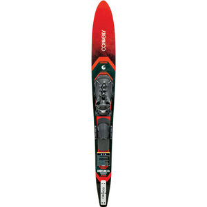 Top of the Shortline ski with a red and black gradient design, featuring a single boot binding and adjustable rear toe plate.