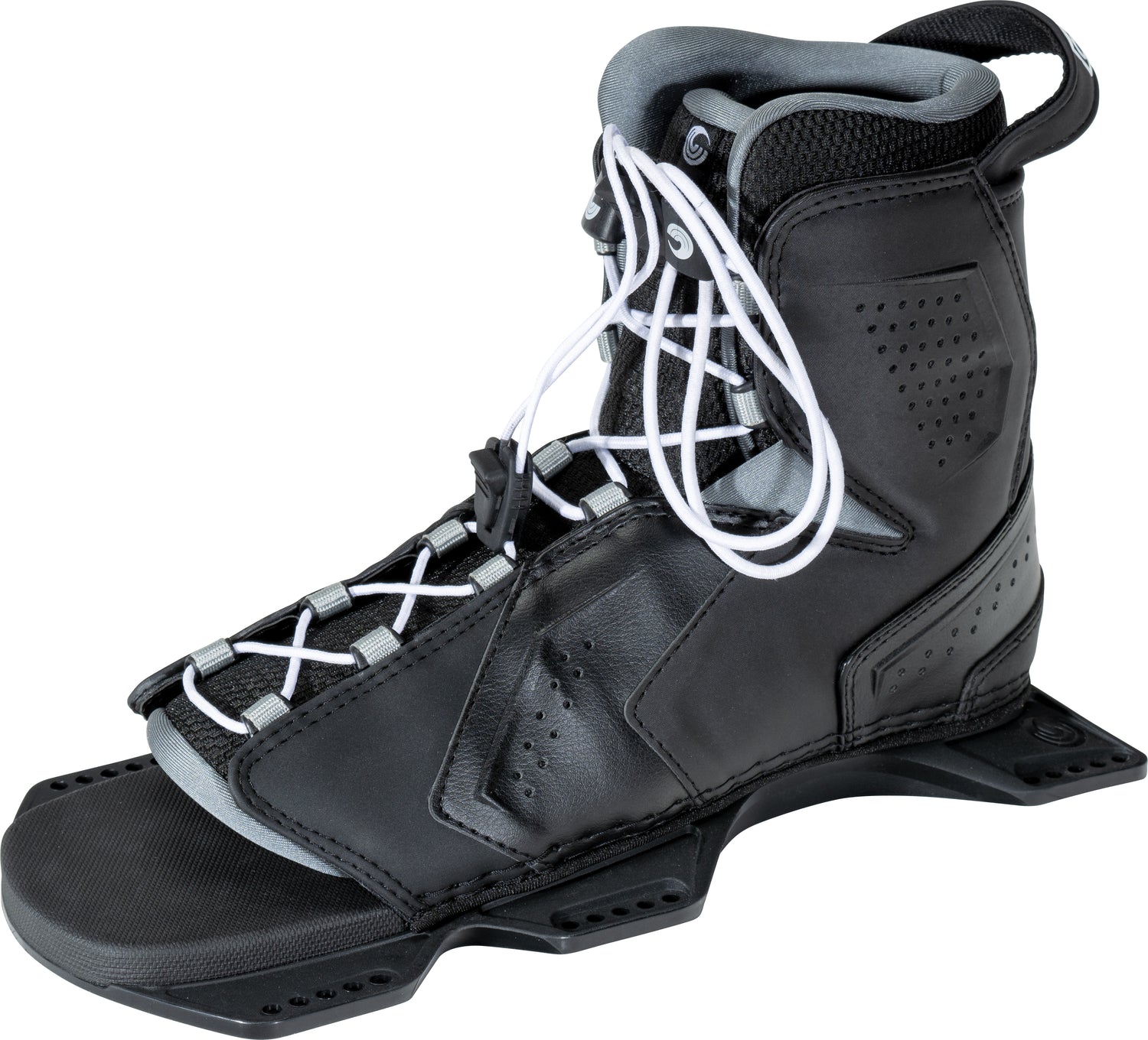 Angled left view of the black Tempest Front, showing its streamlined design, sturdy footbed, and precise lacing adjustments.