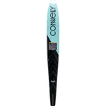 Base view of the Women's Aspect ski, displaying a black and teal pattern with the Connelly logo and a chevron graphic.