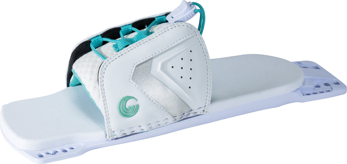 Angled left view of the Women's Laced Adjustable RTP, featuring a white and teal design, silver accents and breathable mesh.