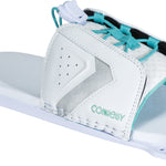Angled view of the Lace Adjustable RTP, featuring a white base with silver and teal accents for secure rear foot placement.