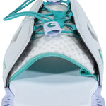 Front view of the Women's Laced Adjustable RTP, a white and teal open-toe rear toe plate with a lace-up closure.