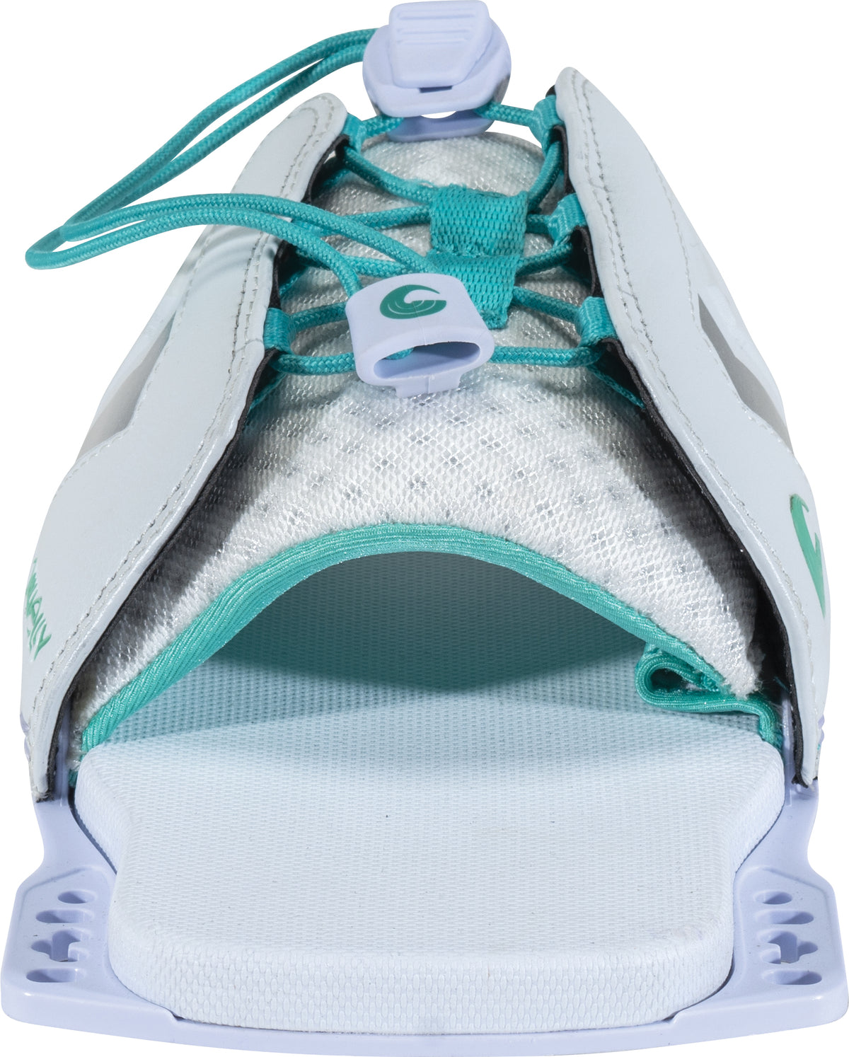 Front view of the Women's Laced Adjustable RTP, a white and teal open-toe rear toe plate with a lace-up closure.