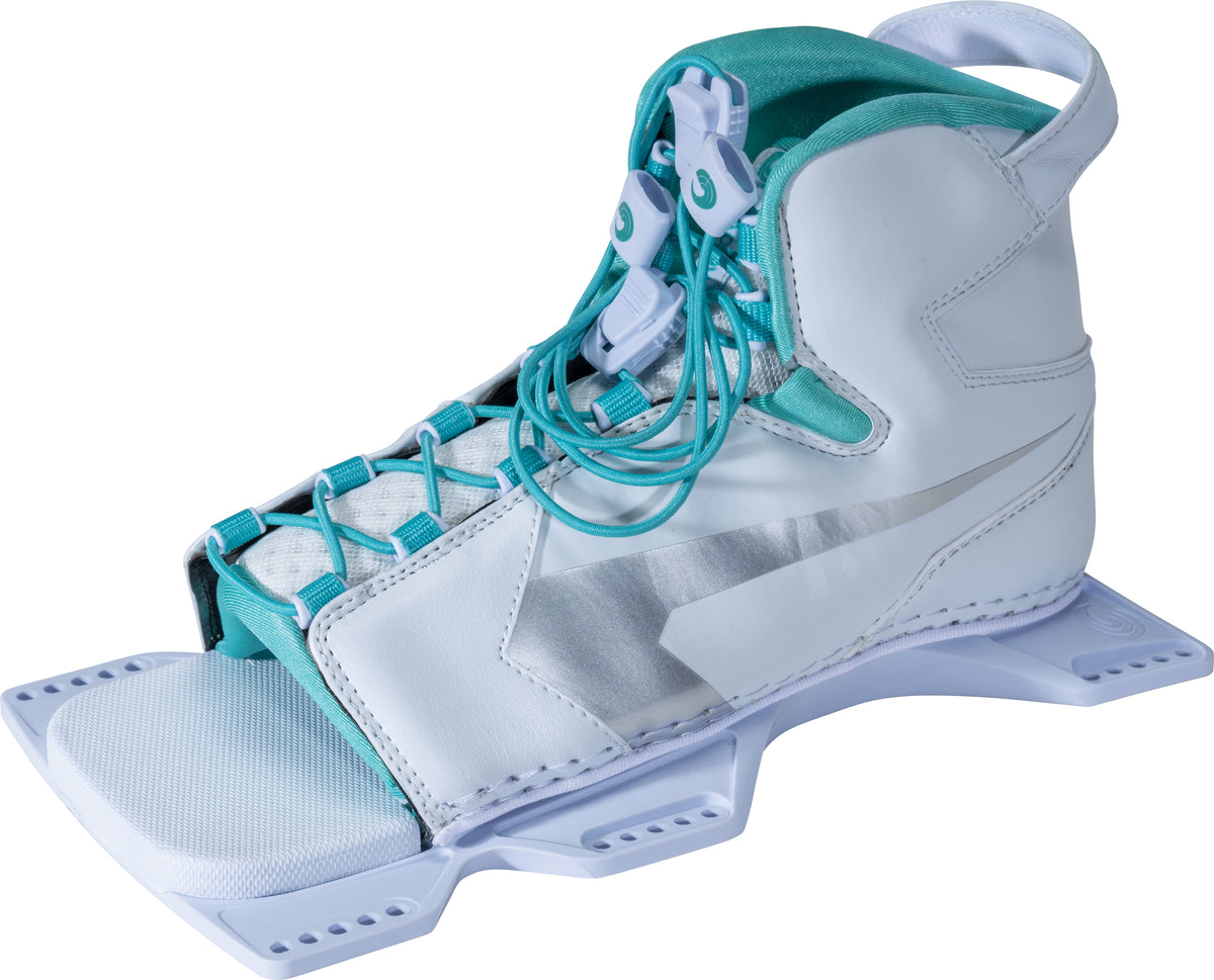 Left angle view of the Women's Shadow Front, a white open-toe waterski boot with teal laces and silver accents.