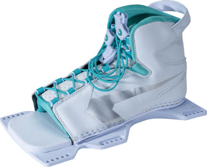 Left angle view of the Women's Shadow Front, a white open-toe waterski boot with teal laces and silver accents.