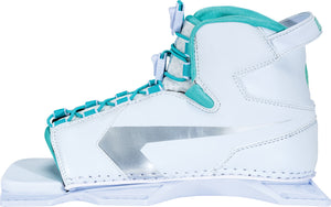 Left side view of the Women's Shadow Front, showing the white boot, teal laces, silver graphics, and supportive high cuff.
