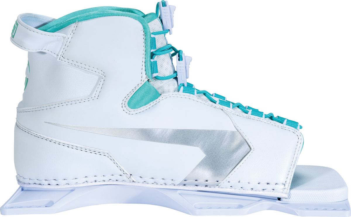 Right side view of the Women's Shadow Front, showing its white and silver design, teal accents, and adjustable lace system.