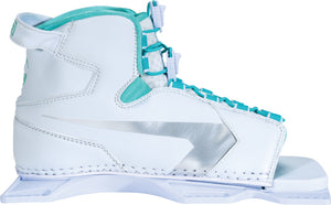 Right side view of the Women's Shadow Front, showing its white and silver design, teal accents, and adjustable lace system.