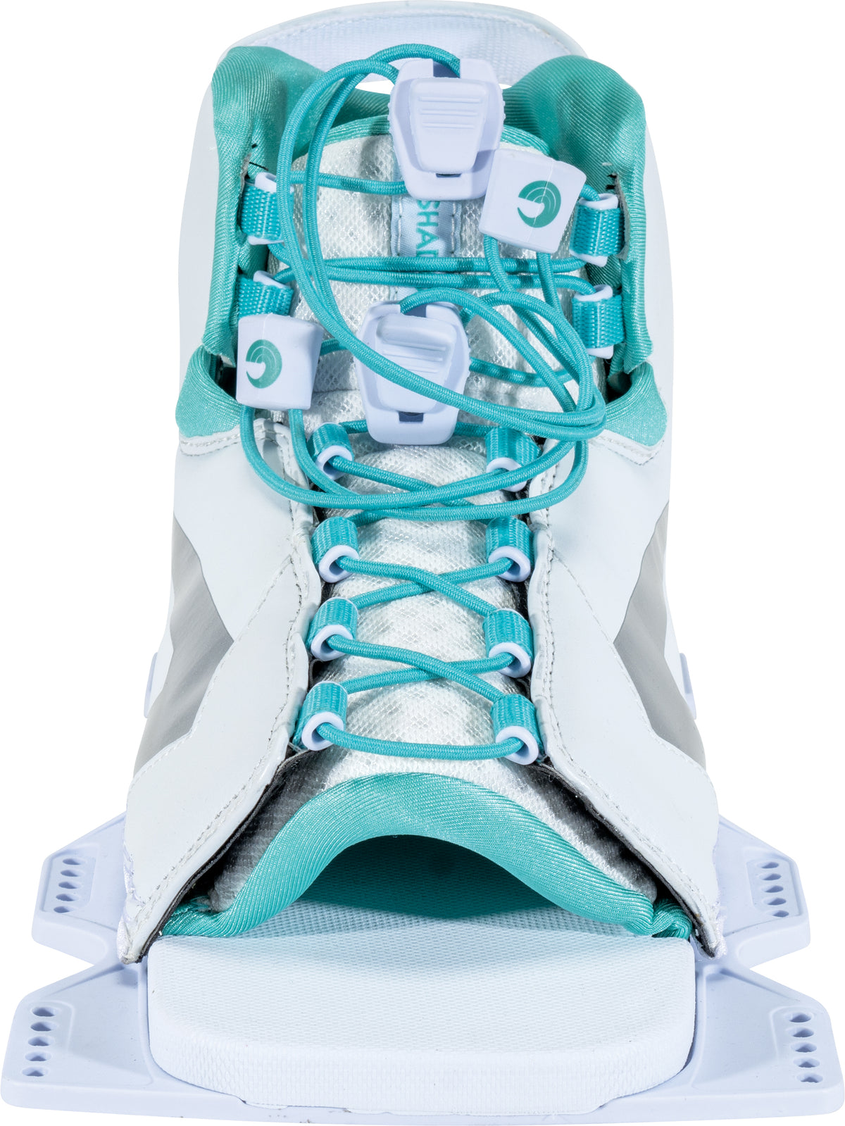 Toe view of the Women's Shadow Front, displaying the open-toe design, teal laces, white padded footbed, and ventilation mesh.