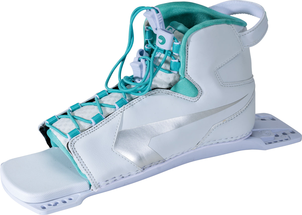 Angled left view of the Women's Shadow Rear, displaying the binding’s flexible structure and teal inner lining.