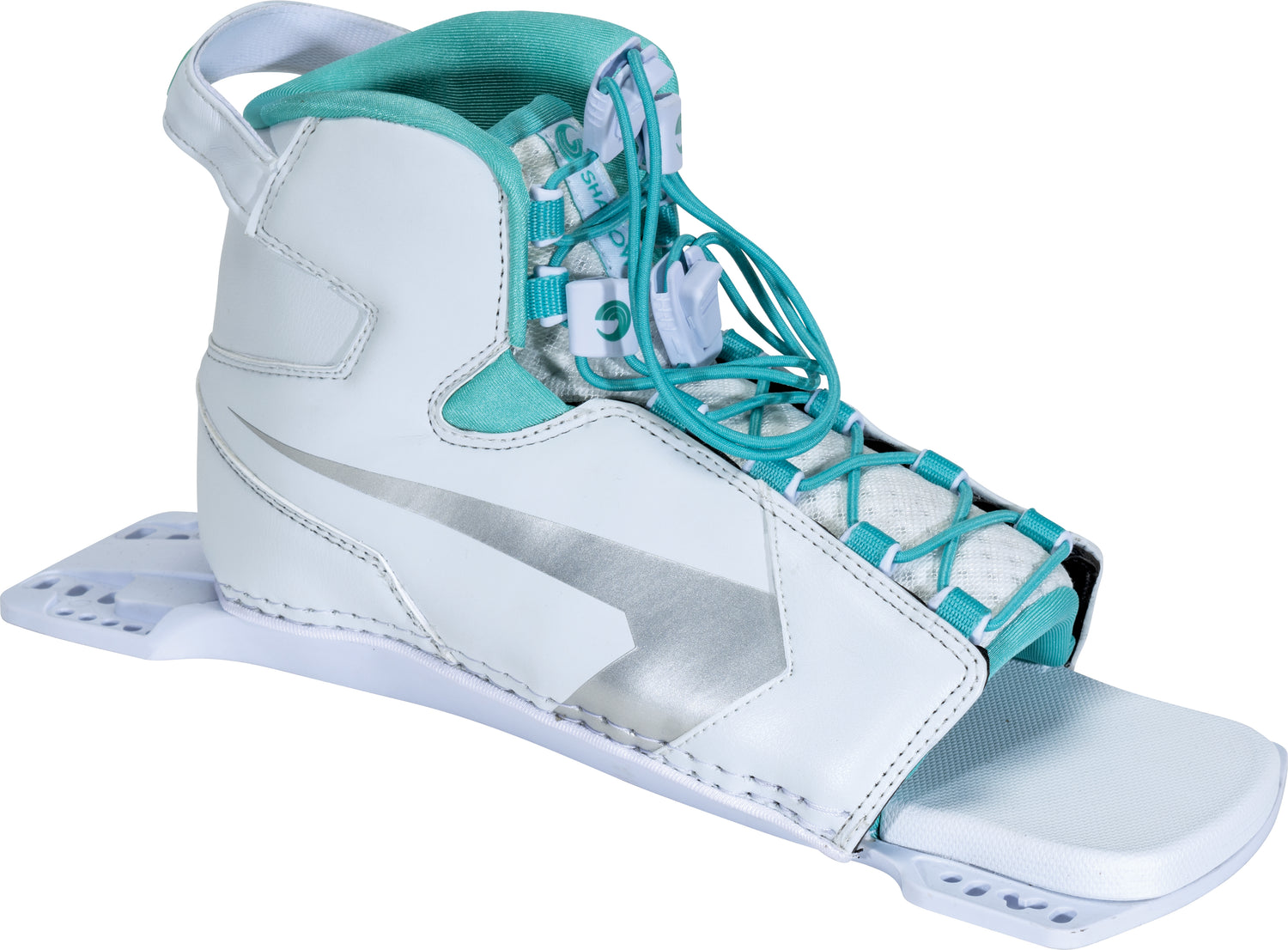 Angled right view of the Women's Shadow Rear boot, displaying the heel loop, white base, and teal laces.
