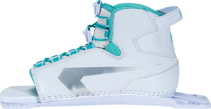 Side left view of the Women's Shadow Rear, highlighting the white high-top structure, silver graphic, and lace system.