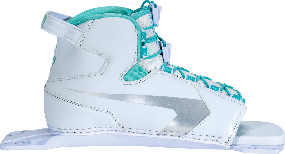 Side right view of the Women's Shadow Rear, showcasing the lateral support, white frame, and teal laces.