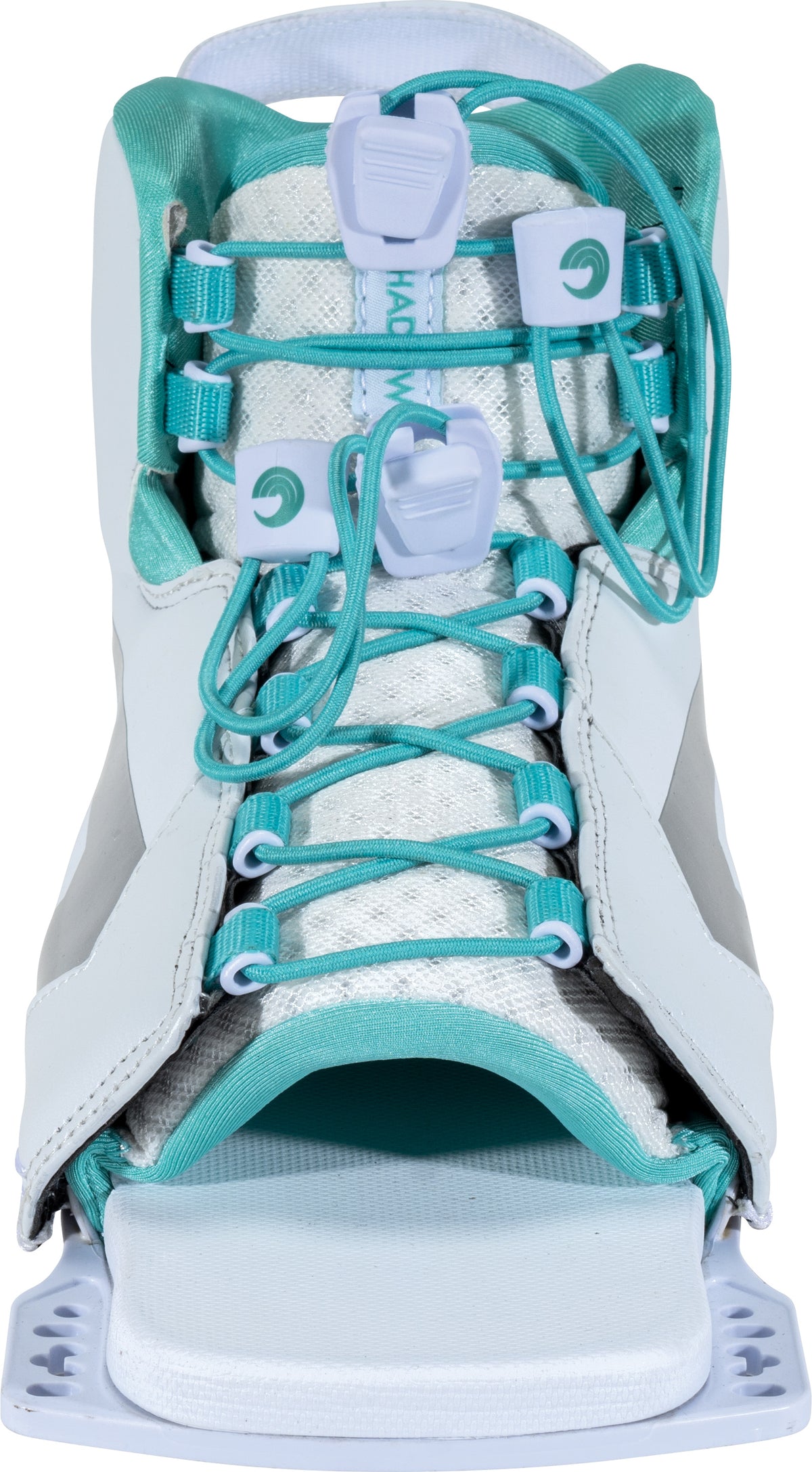 Toe view of the Women's Shadow Rear, showing the open-toe design, teal laces, and white cushioned footbed.