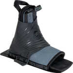 Right angle view of Comp Rear black and gray open-toe water ski binding with a tall overlay and adjustable straps.