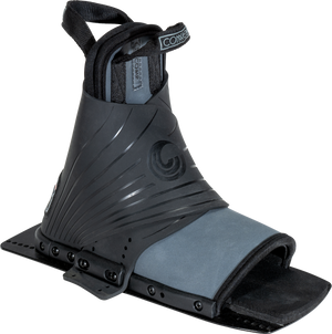 Right angle view of Comp Rear black and gray open-toe water ski binding with a tall overlay and adjustable straps.