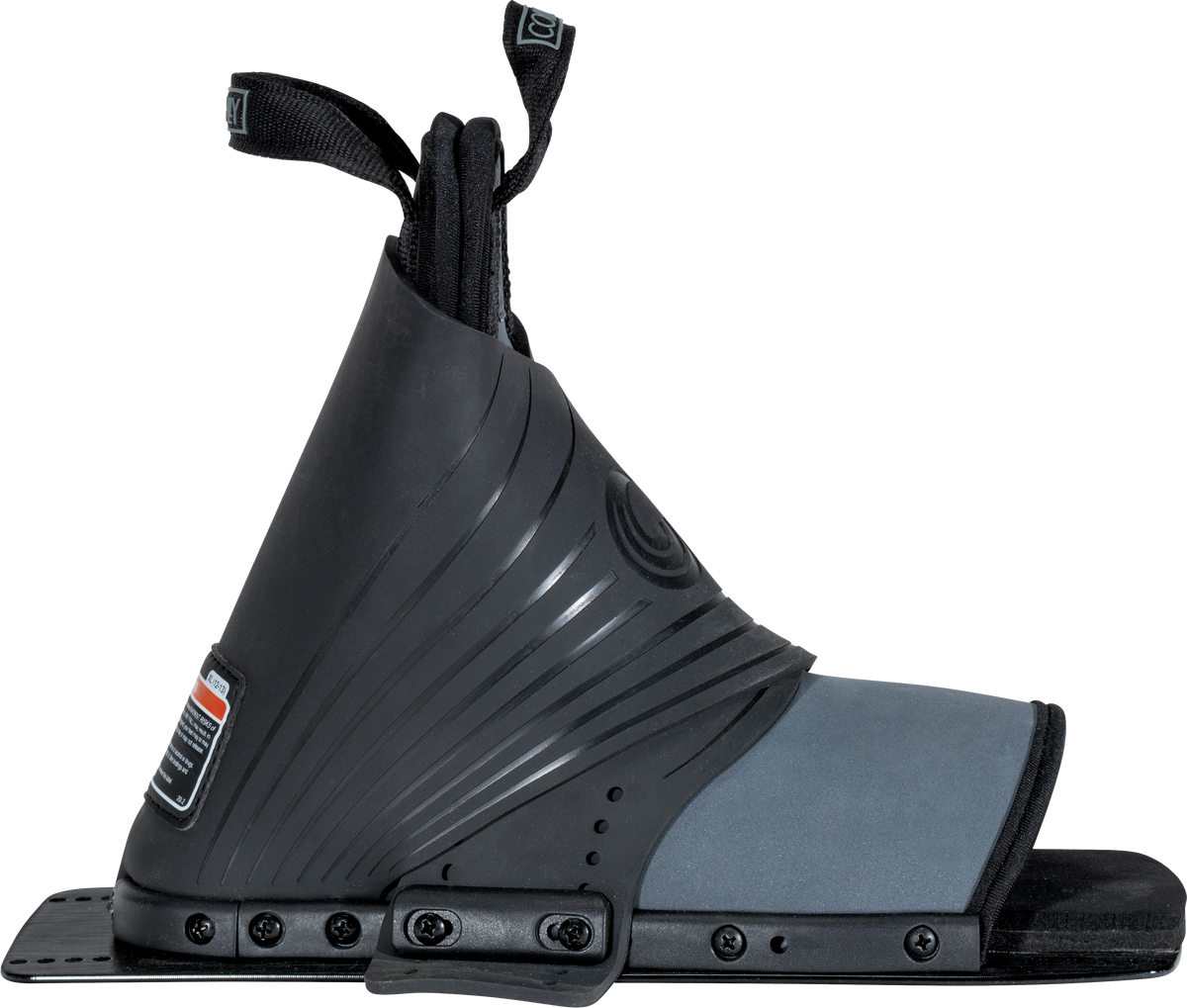 Comp Rear snowboard binding, black/gray, rubber straps, contoured footbed, side view.