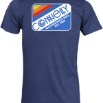Back view of the MFG Tee in heathered navy blue, featuring a large retro-style logo with red, yellow, and blue accents.