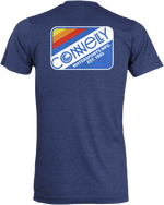Back view of the MFG Tee in heathered navy blue, featuring a large retro-style logo with red, yellow, and blue accents.