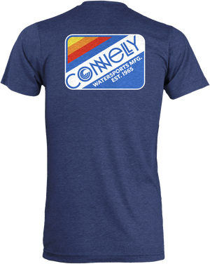 Back view of the MFG Tee in heathered navy blue, featuring a large retro-style logo with red, yellow, and blue accents.