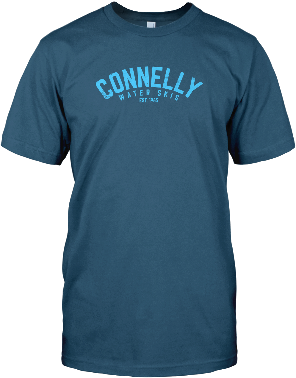 Dark blue short-sleeve t-shirt with arched text reading 'Water Skis Est. 1965' in light blue across the chest.
