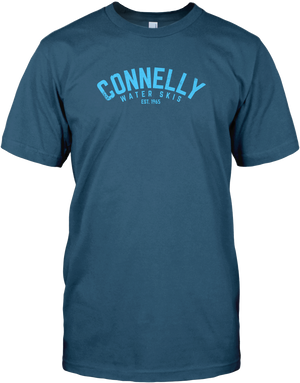 Dark blue short-sleeve t-shirt with arched text reading 'Water Skis Est. 1965' in light blue across the chest.